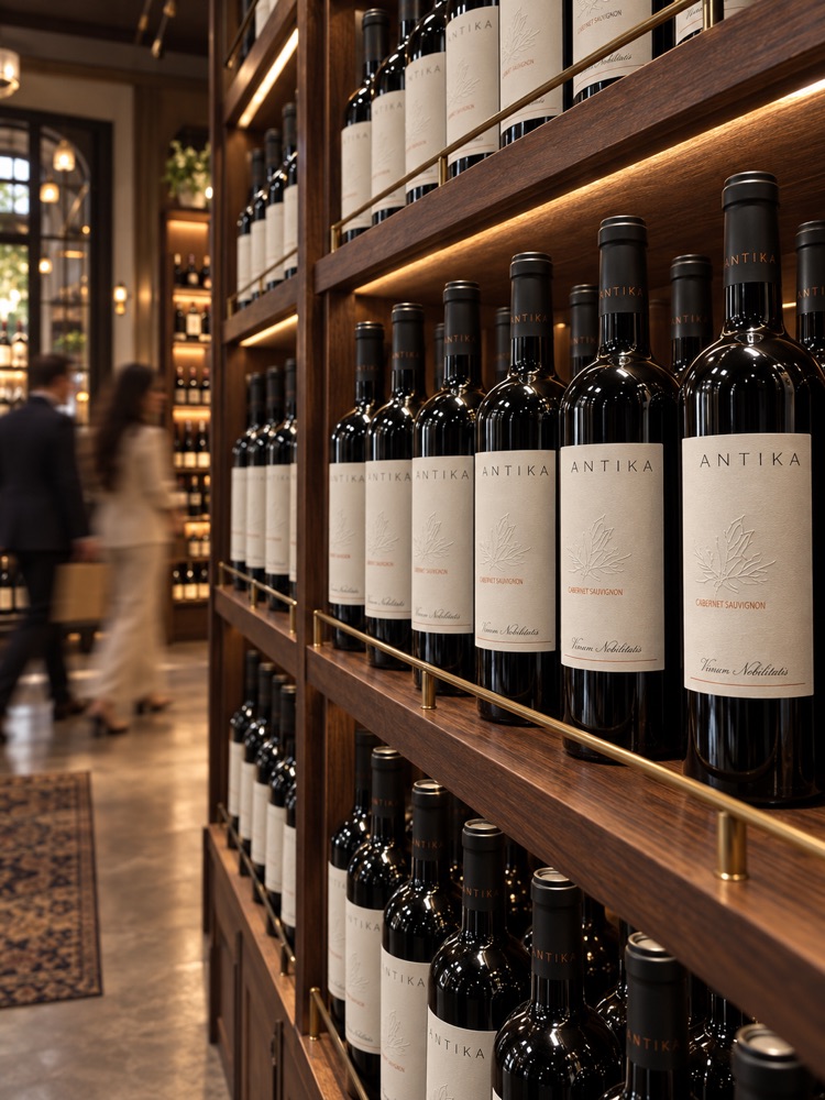 Antika Cabernet on Rich Walnut Shelves