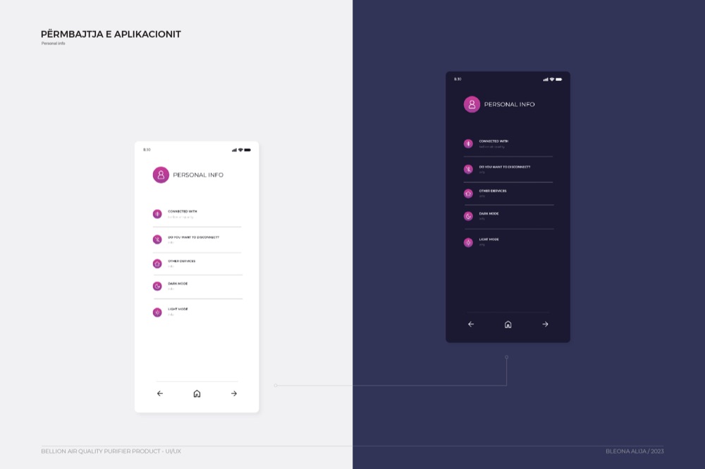 Bellion — Personal settings in light and dark mode