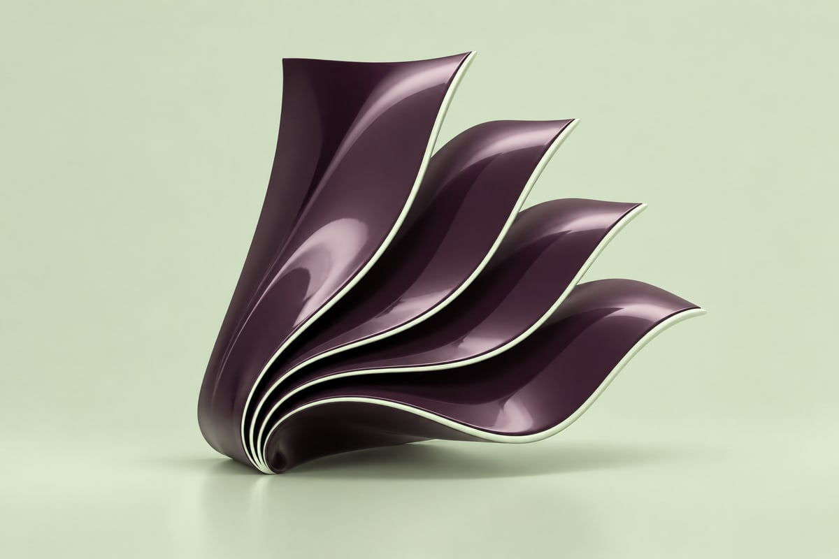 Plum sculptural pages unfolding on a pale mint background.