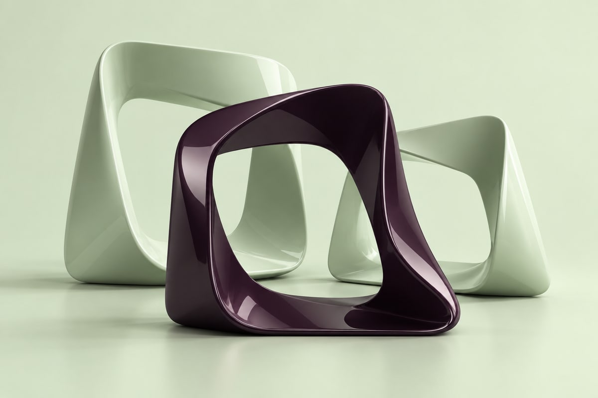 Three curved mint and plum frames arranged as a sculptural gallery.