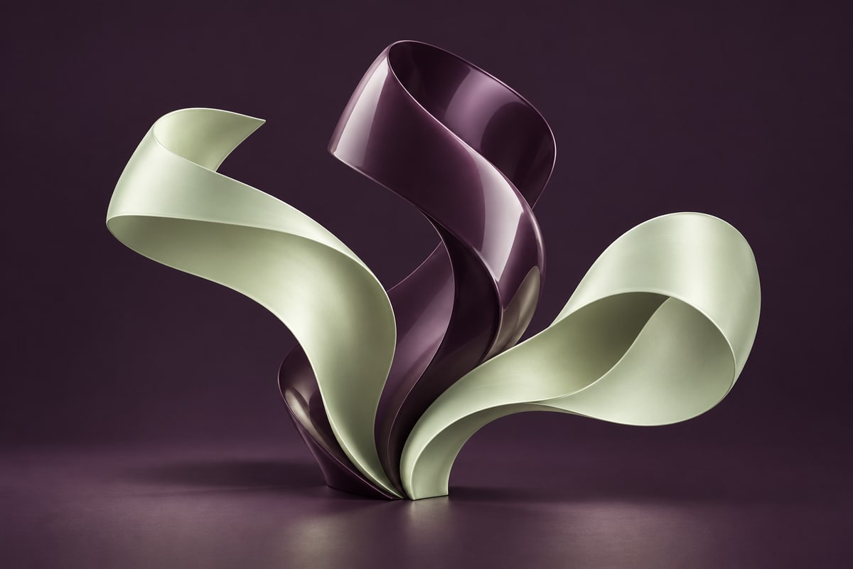 Mint and plum ribbons rising together from a shared sculptural base.